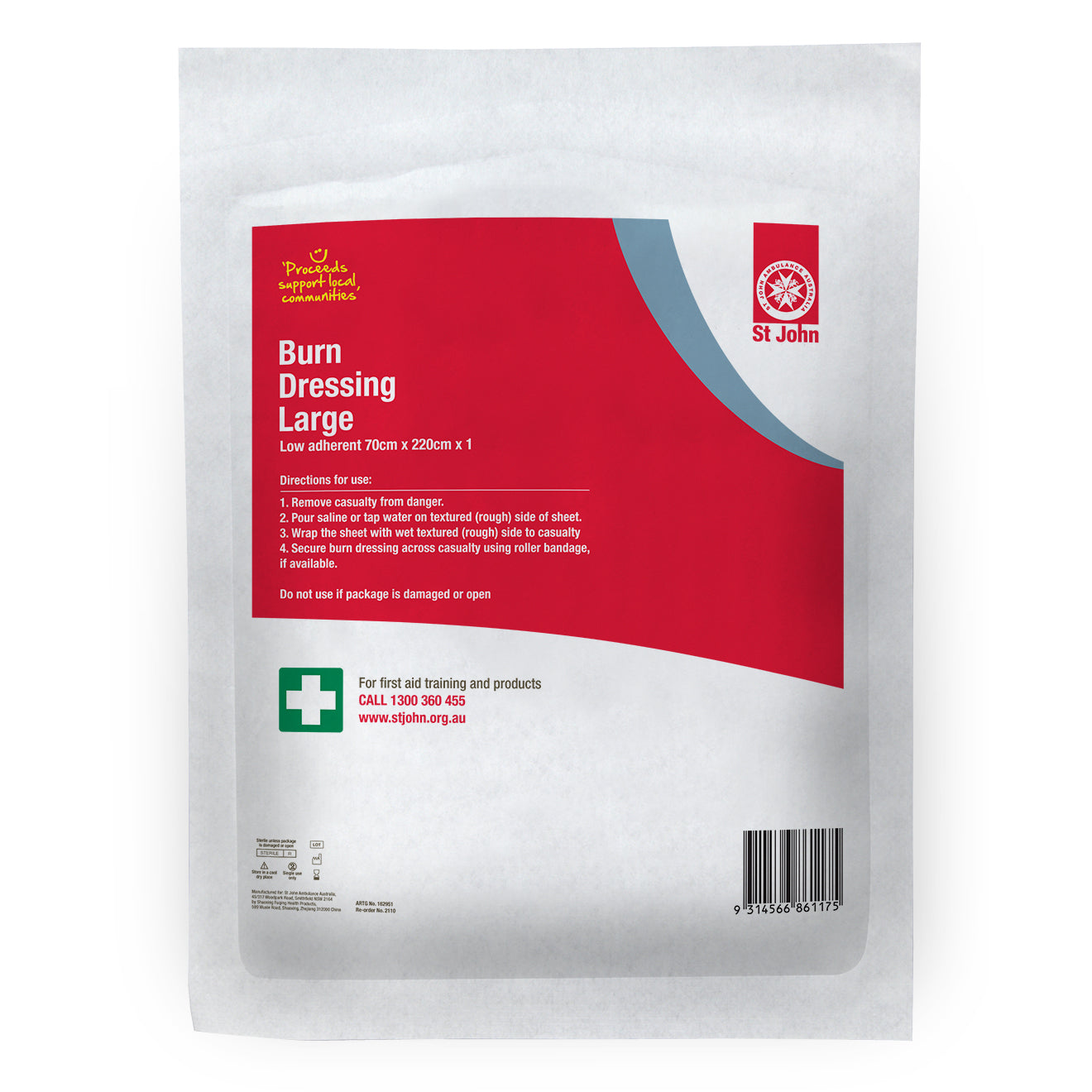 ST JOHN Burns Dressing 70cm x 220cm Sterile First Aid Emergency Wound Care #2110