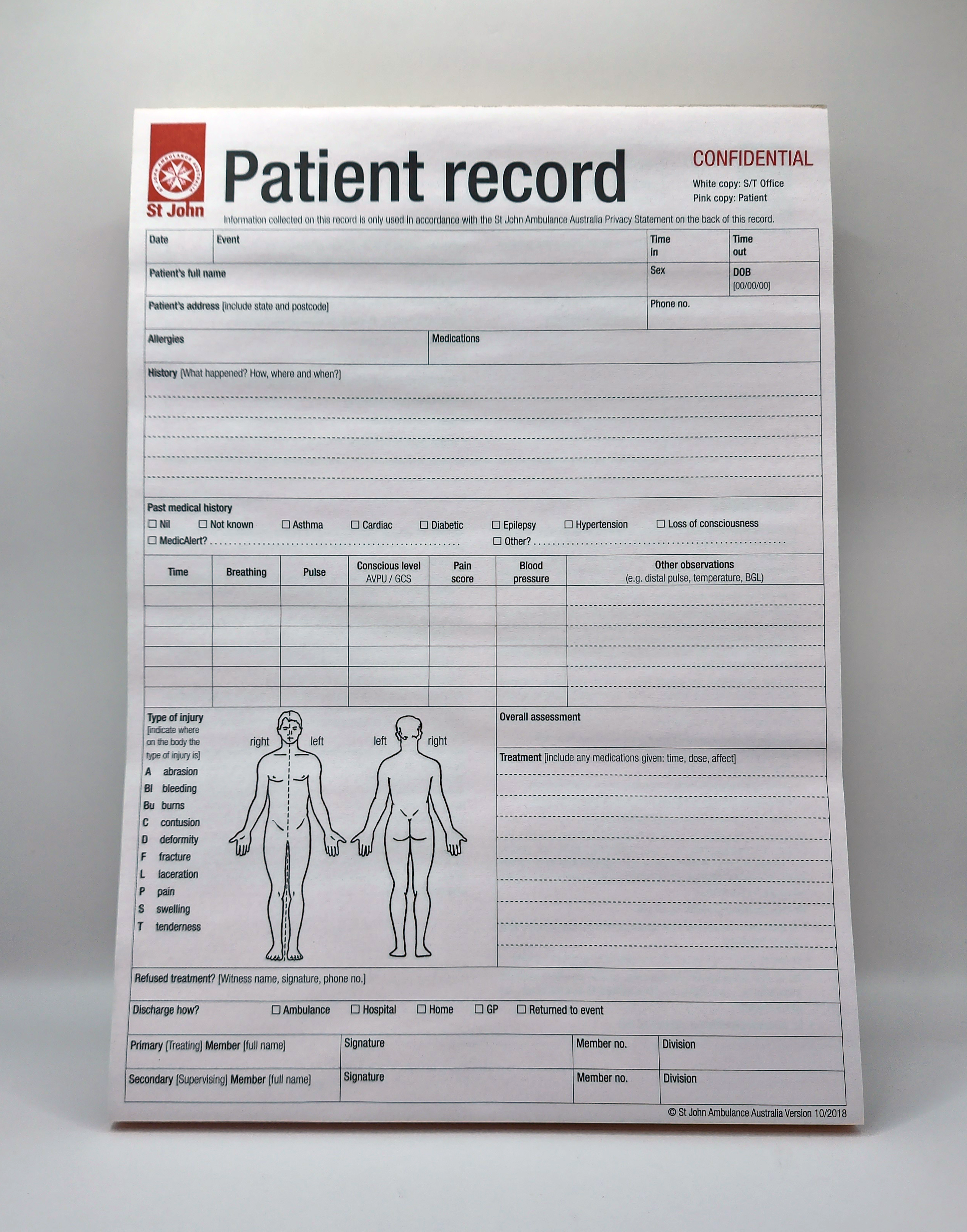 ST JOHN Patient Record A4 Forms 25 Pack (1 Book)Medical First Aid Records #3530