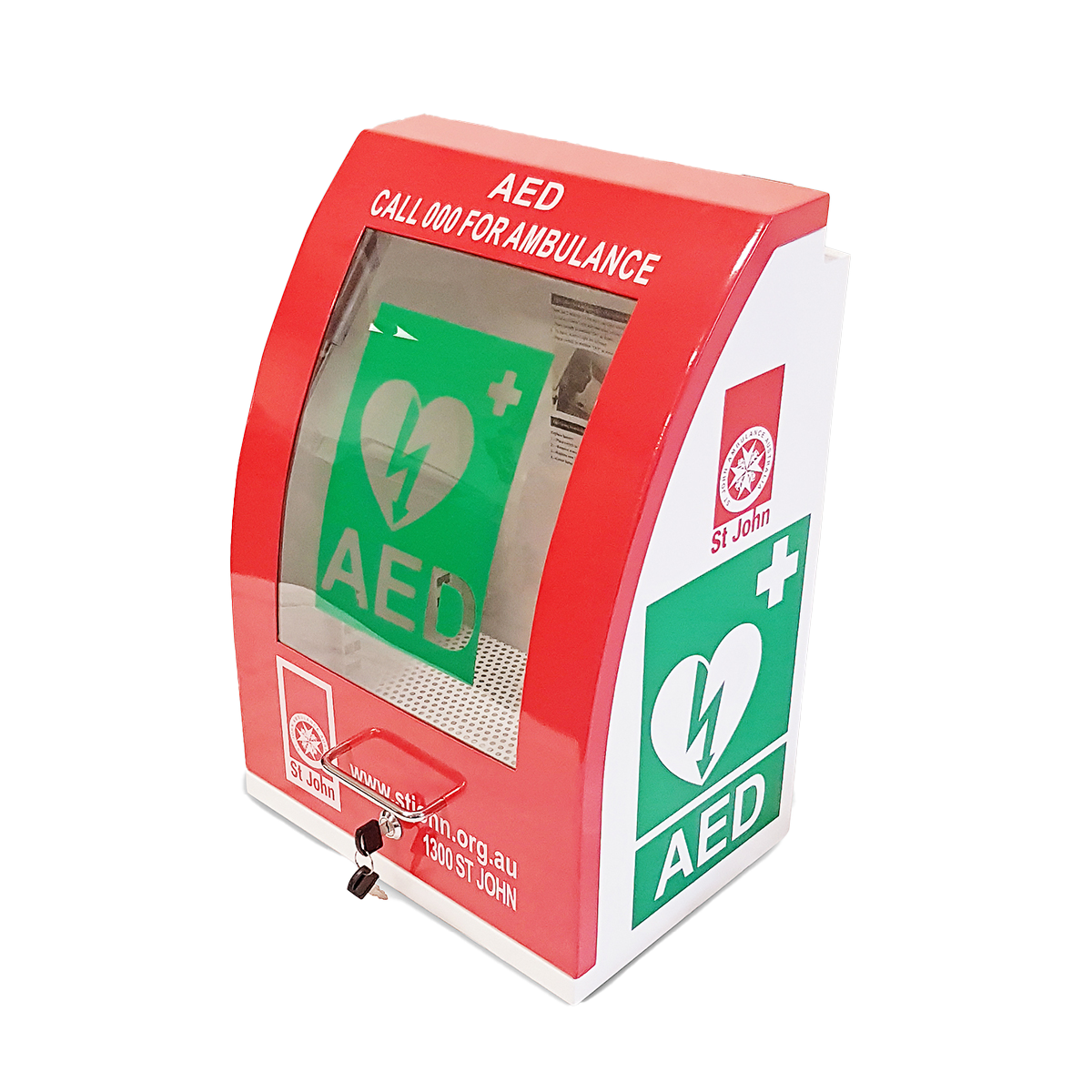 ST JOHN Curved Red Defibrillator Cabinet with Alarm AED Storage #353825