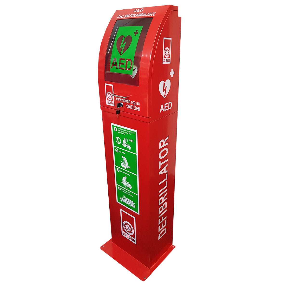 ST JOHN Defibrillator Cabinet Outdoor Curved Red Floor Stand #353870