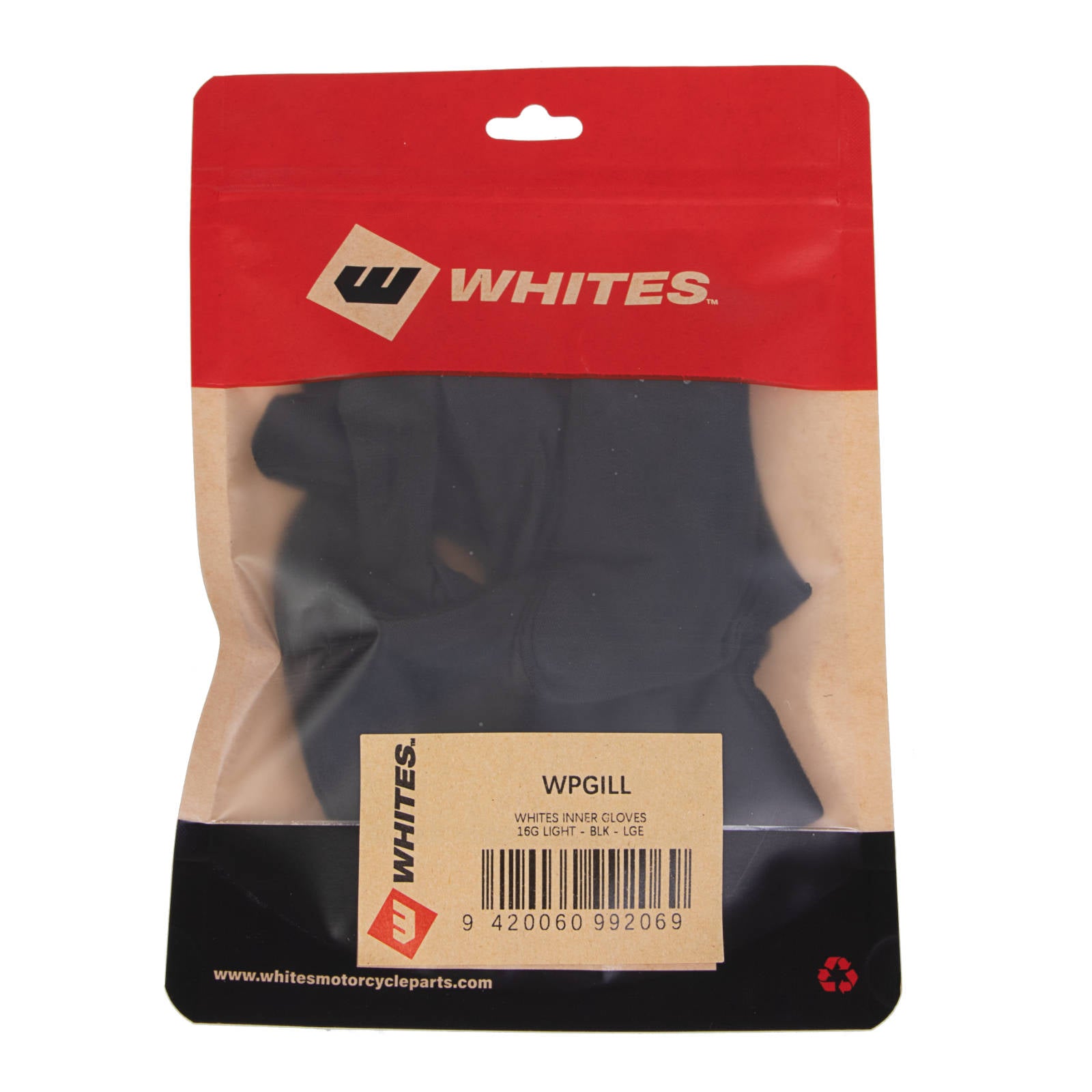 New WHITES Inner Gloves 16G Light - Black - Large #WPGILL